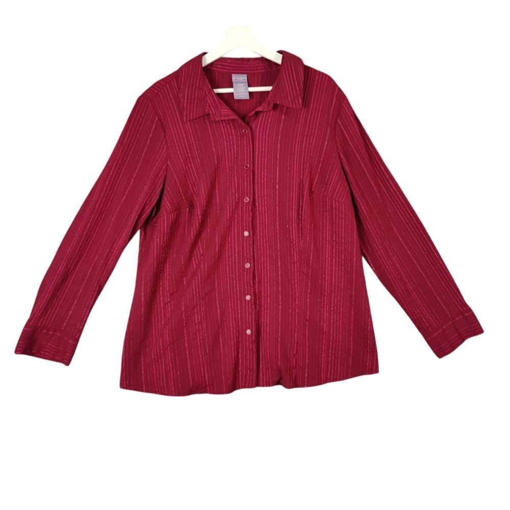 Laura Scott Woman Office Metallic Shimmer Button Down 18/18W Wine Striped Top